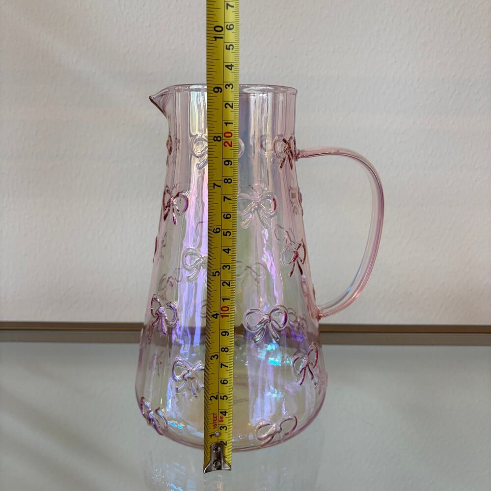 BellaLux Embossed Bow PINK Luster Glass Pitcher 9.25in Chic Barware NEW - Picture 7 of 11